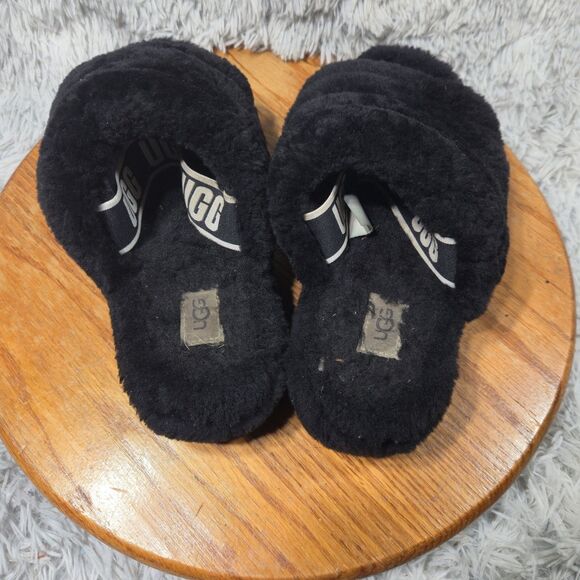 UGG Australia Fluff Yeah Womens Sz 8 Black Sheepskin Elastic Comfy Winter Slides - Picture 3 of 10
